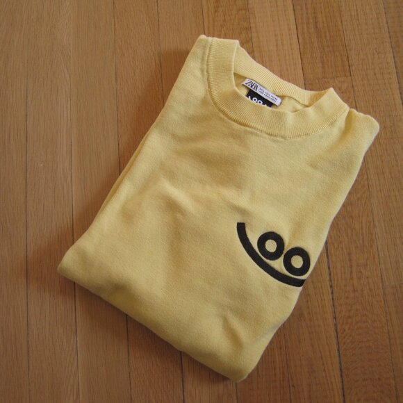 ZARA DIAZ FAES Sweater Smiley Face Size L Crew Neck Knit Yellow Pullover FLAW - Picture 7 of 8